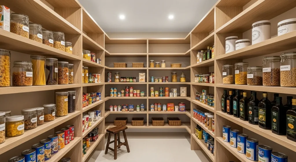 Food pantry with symmetrical shelving layout creating a balanced organized appearance