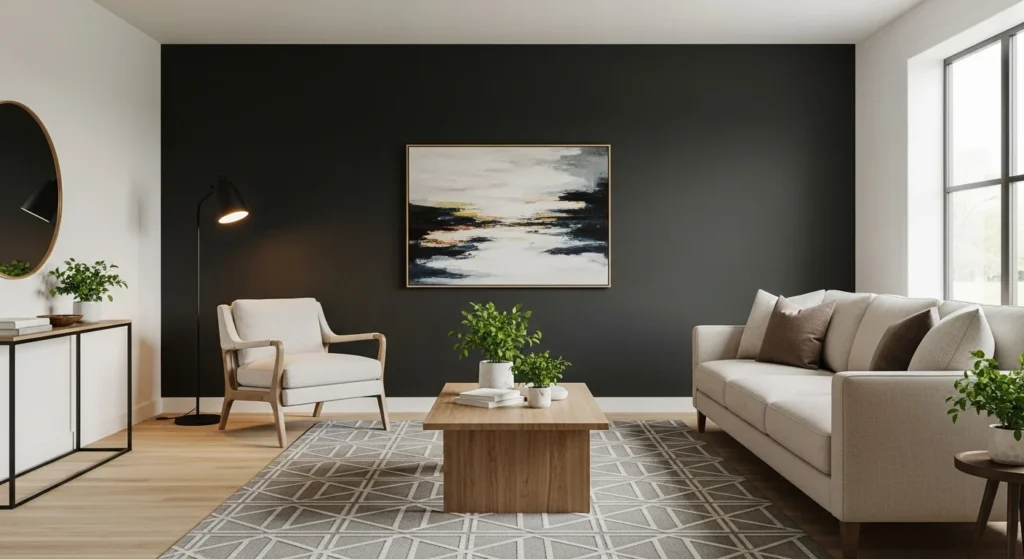 Parlor with dark accent wall balanced by neutral furniture for a modern look