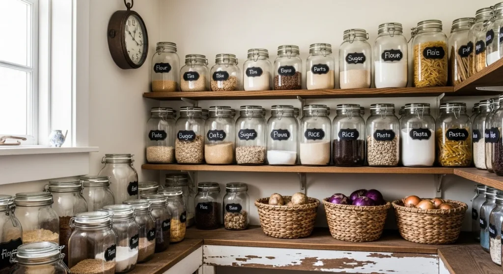 Farmhouse pantry using chalkboard labels on jars for a rustic look