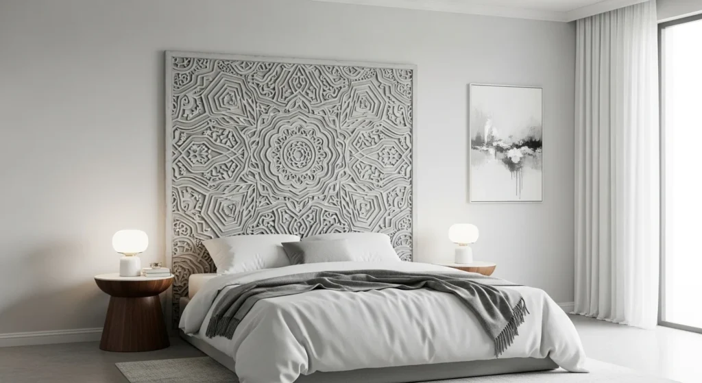 Grey bedroom showcasing a statement headboard as the main focal point