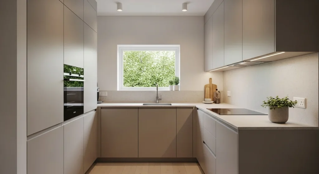 Small kitchen with matte finish cabinets creating a modern and calm visual look