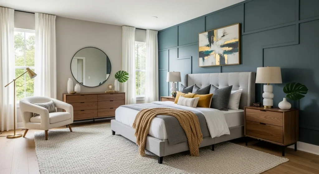 tylish guest bedroom featuring an accent wall for added visual interest in 2026