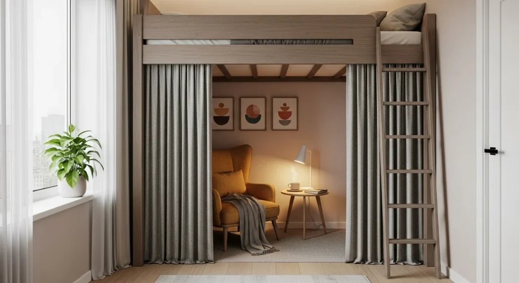 Loft bed with curtains underneath creating cozy nook, small modern bedroom 2026