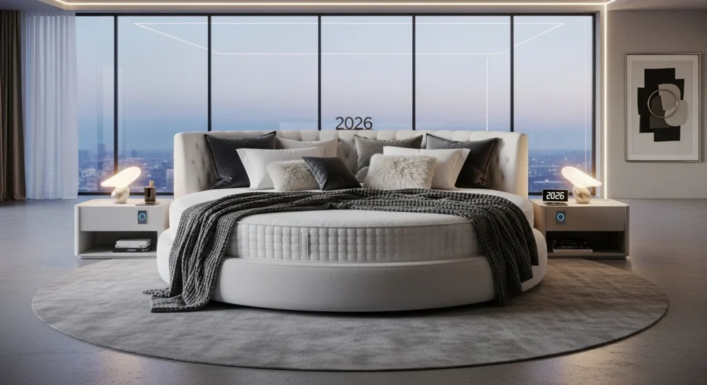 Circular bed with plush mattress and throws, luxurious modern 2026 bedroom