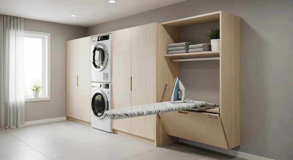 Wall-mounted fold-down ironing board in modern laundry room, space-saving 2026 idea