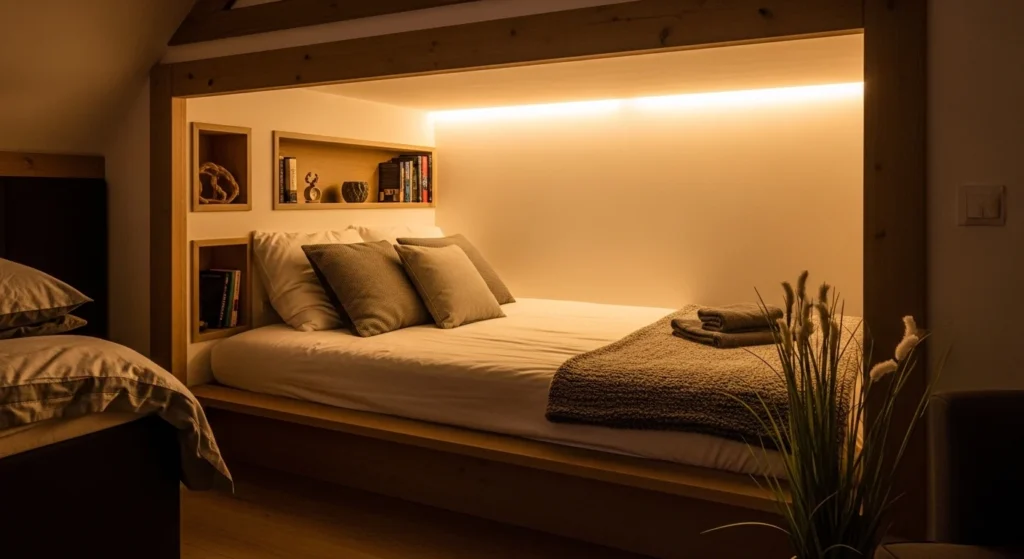 Bedroom layout with bed placed in a built-in alcove creating a cozy sleeping nook