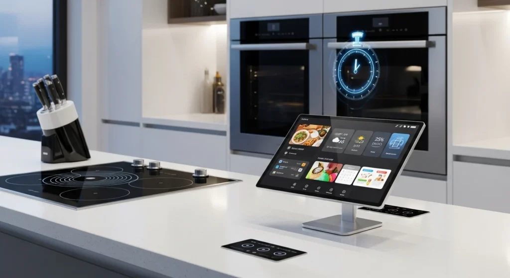 Modern kitchen counter with smart display on a sleek stand