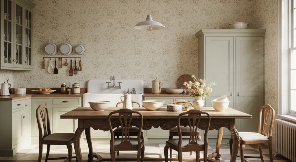 Vintage kitchen featuring floral wallpaper accents