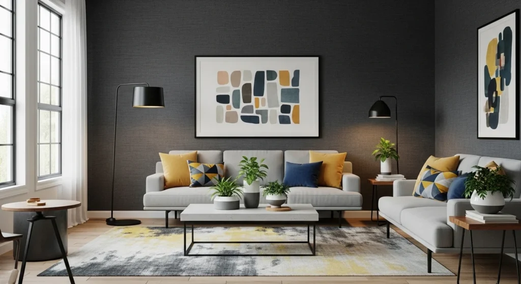 Living room featuring textured accent wall design