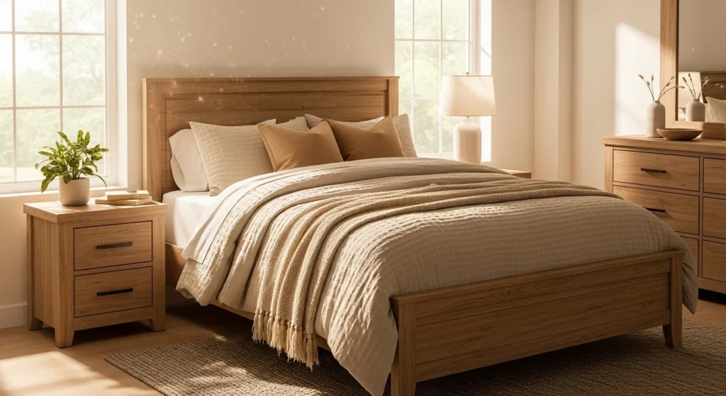 bedroom featuring natural wood furniture, beige bedding, and warm natural light