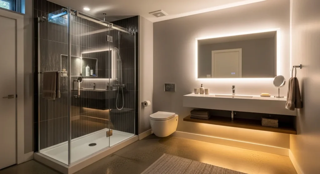 Compact yet luxurious basement shower with rainfall showerhead