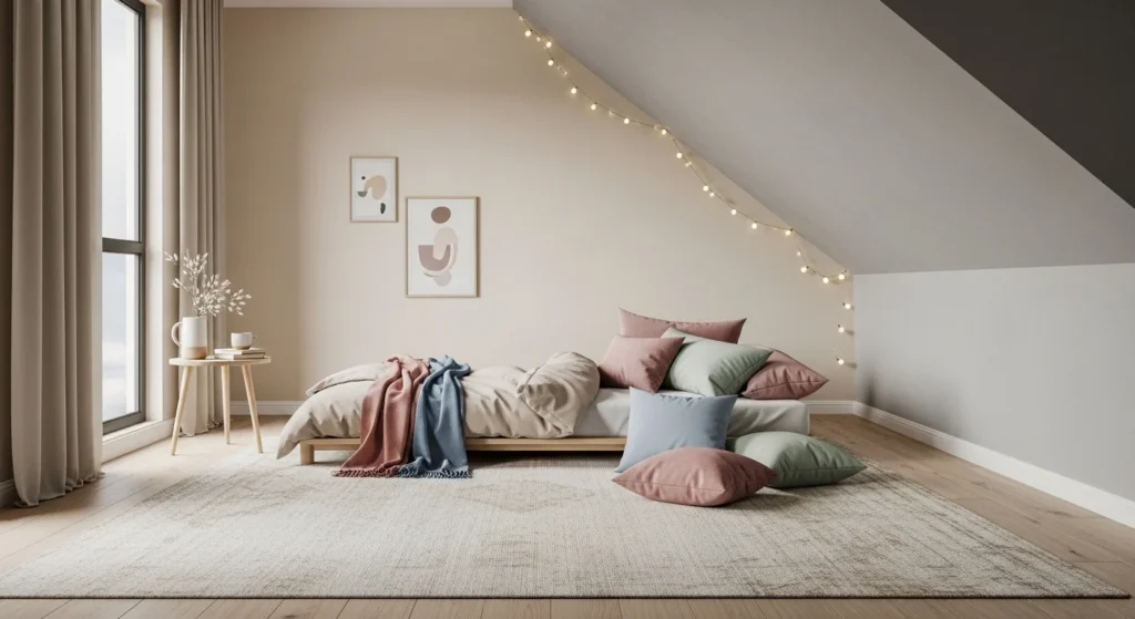 Attic bedroom with neutral base and soft pastel accent colors