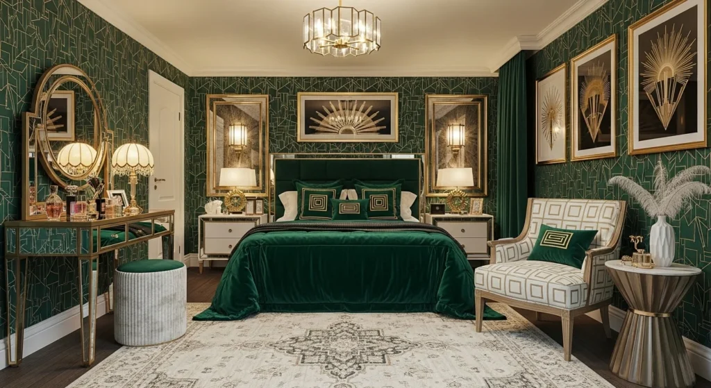 Bedroom with geometric patterns, metallic accents, and velvet bedding