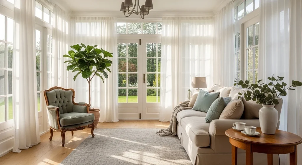 Sunroom with sheer curtains filtering soft sunlight