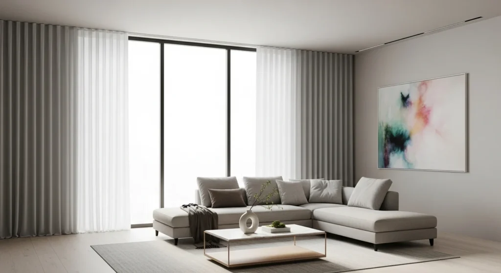 Living room with ceiling-mounted curtains for seamless look