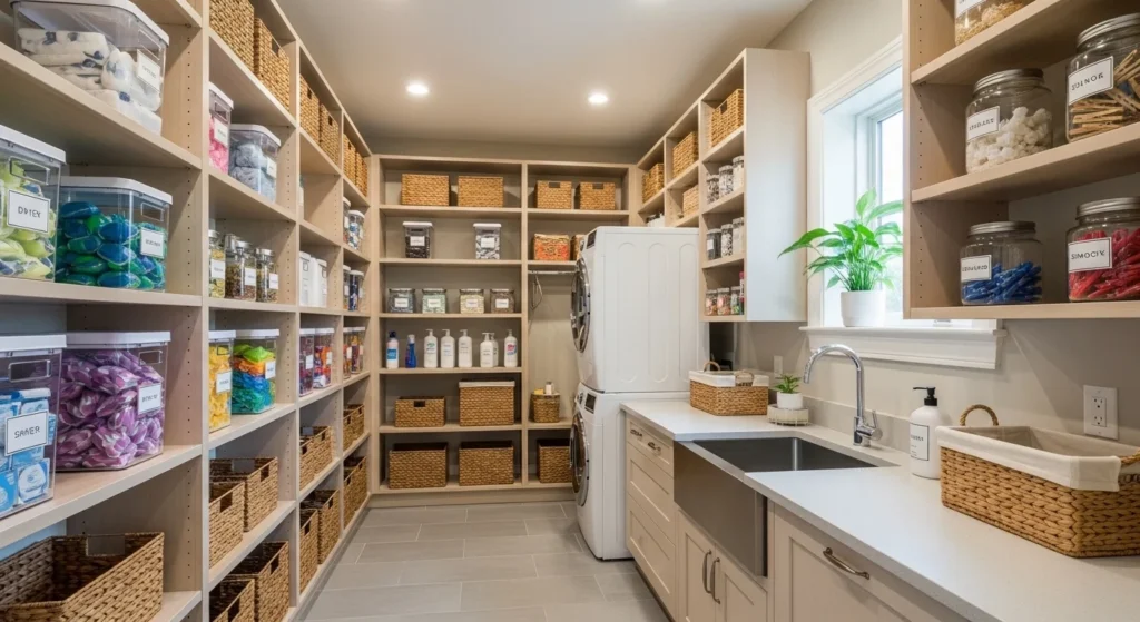Laundry room with wall-to-wall shelving for maximum storage