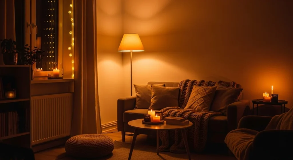 Compact living room with layered warm lighting creating a cozy evening ambiance