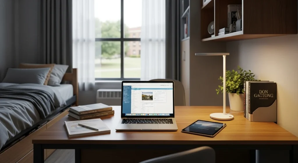 Dorm room with smart table lamp and adjustable lighting