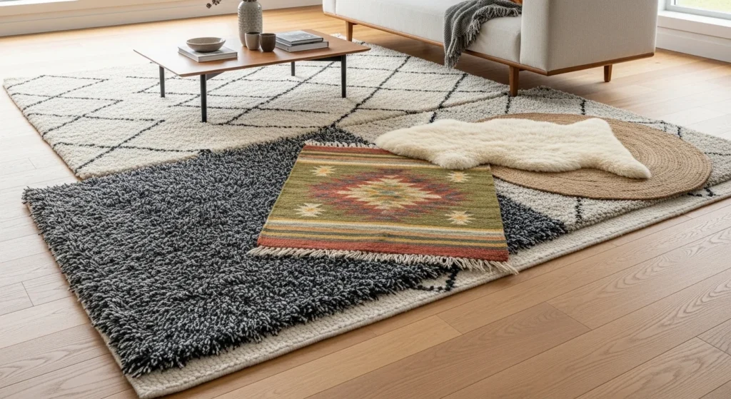 Multiple small rugs layered in modern living room for texture and pattern
