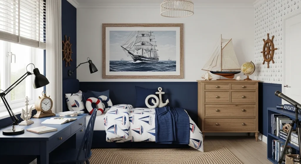 Boys bedroom with navy and white color palette, maritime-inspired decor