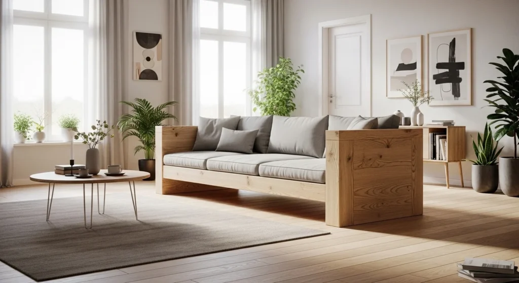 Minimal sofa with exposed wooden frame in modern home