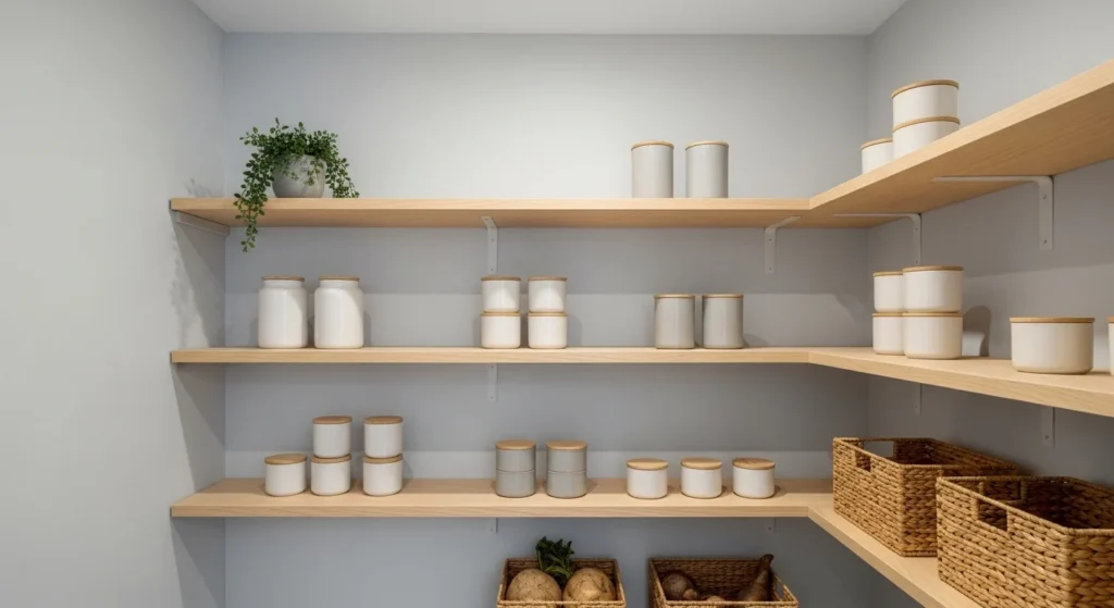Minimalist kitchen pantry with clean shelving and neutral tones