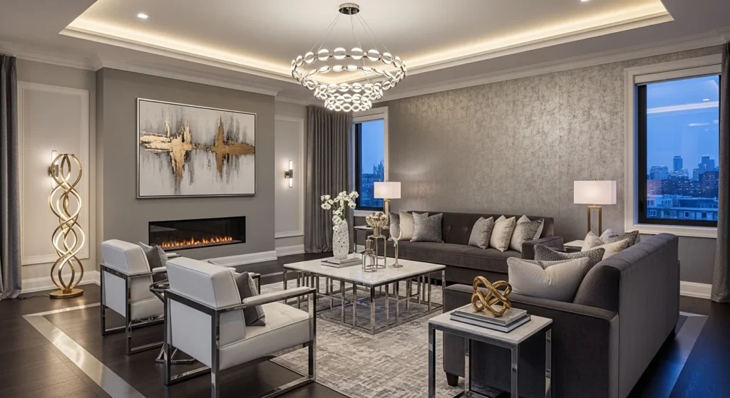 Luxury living room with metallic accent decor and lighting