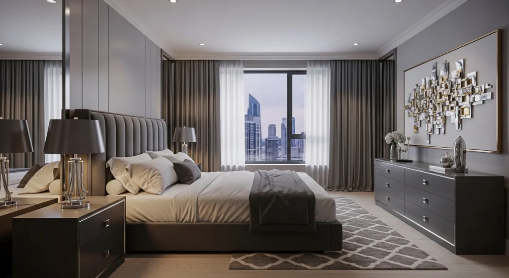 : Elegant gray bedroom featuring metallic accent decor