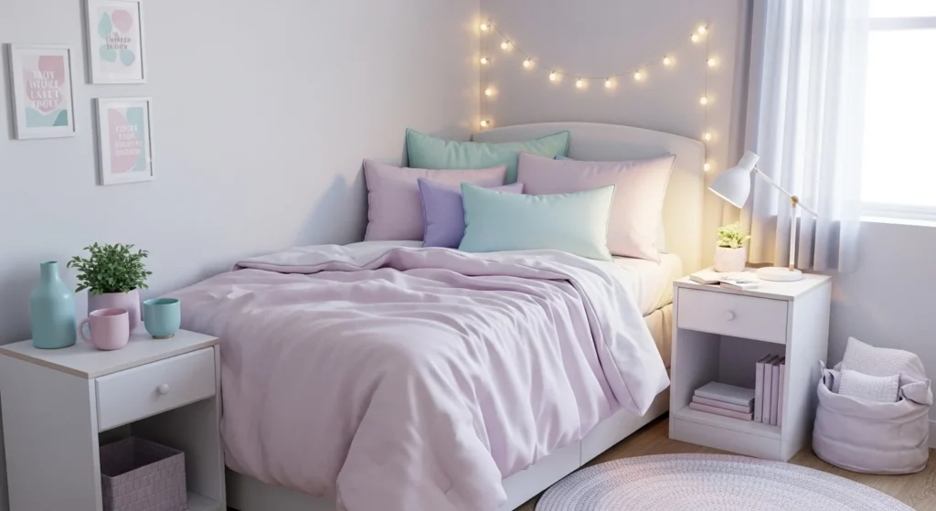 Dorm room decorated in soft pastel colors with light bedding and decor