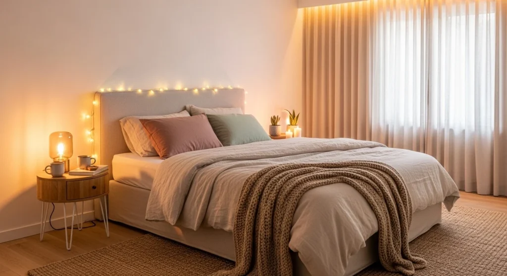 Cozy bedroom with soft accent colors layered over a neutral base and warm lighting