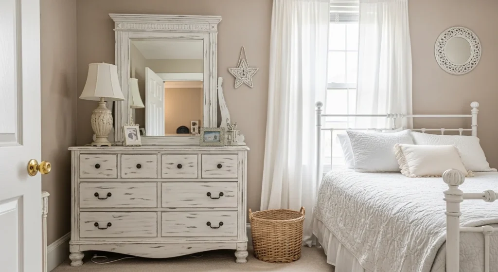 Vintage bedroom with distressed painted dresser and neutral decor