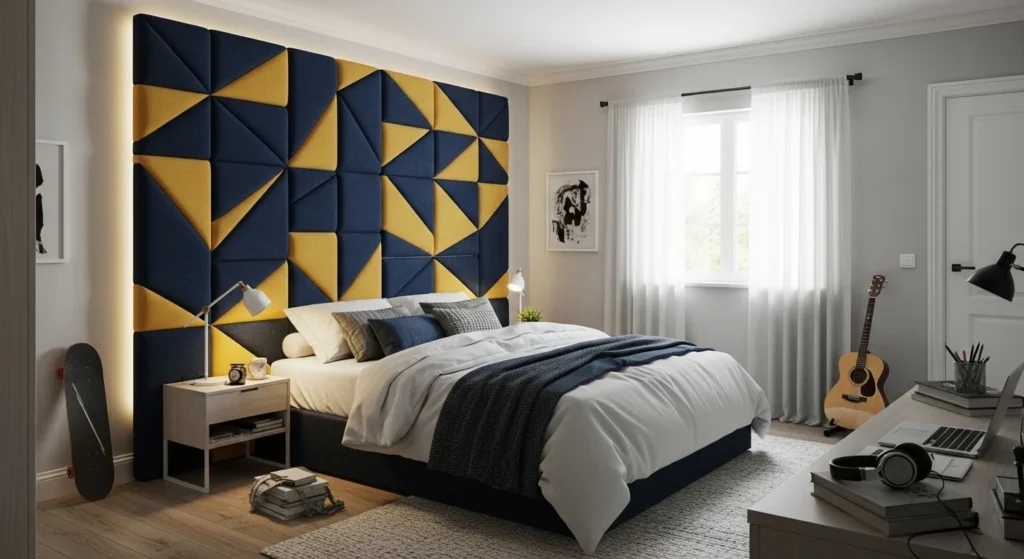 Teen bedroom featuring bold upholstered headboard design