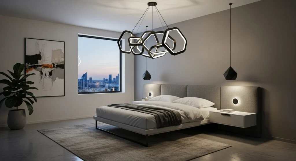 Bedroom remodel with sculptural pendant lighting as focal point