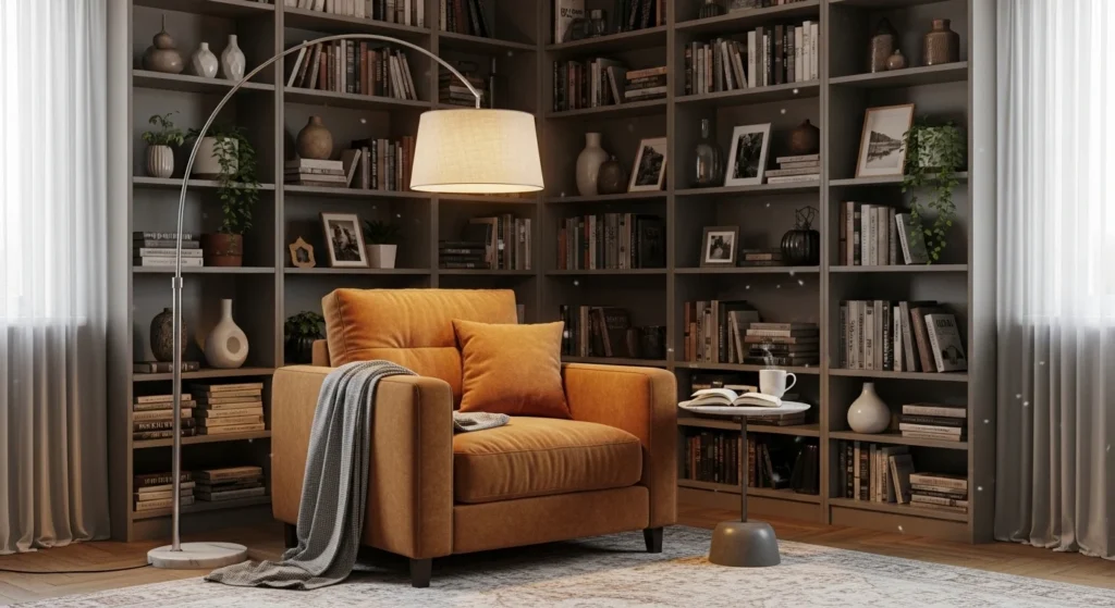 Reading corner with armchair, floor lamp, and bookshelves in living room
