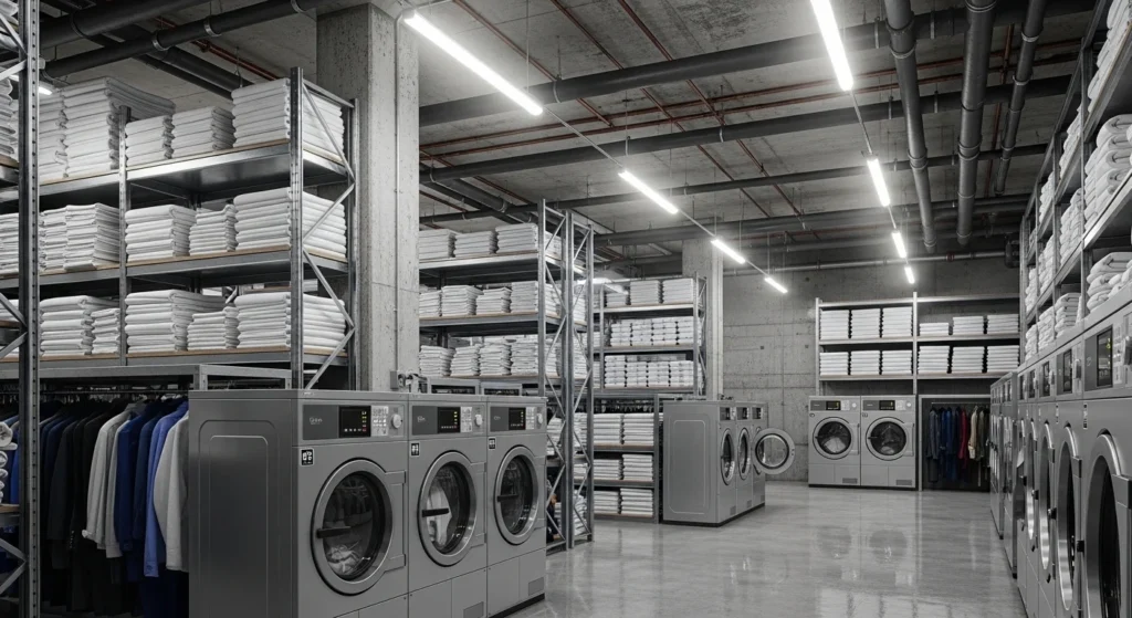 Industrial laundry room with exposed pipes, concrete walls and metal shelving