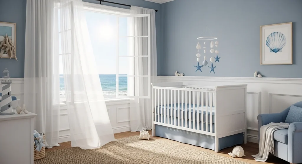 Coastal nursery with soft blue accents and airy white curtains