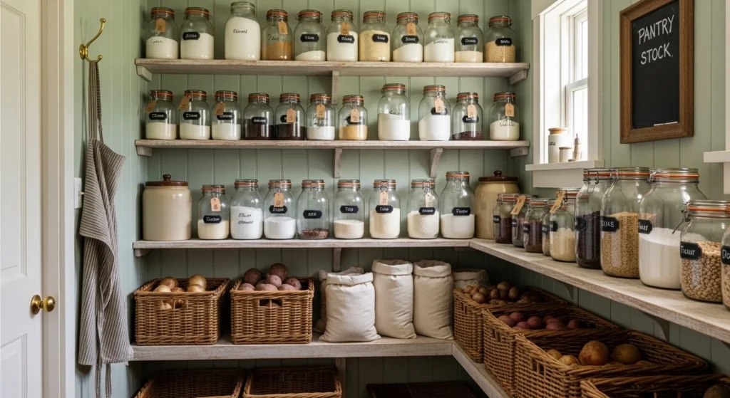 Kitchen pantry with wooden shelves, wicker baskets, and vintage farmhouse style