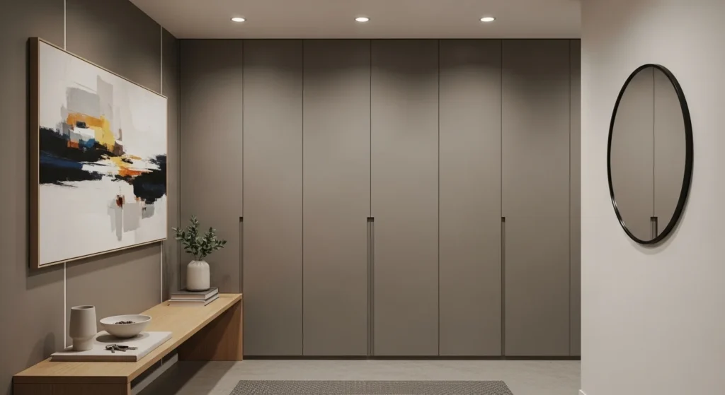 Minimal entryway with concealed shoe storage and clean design