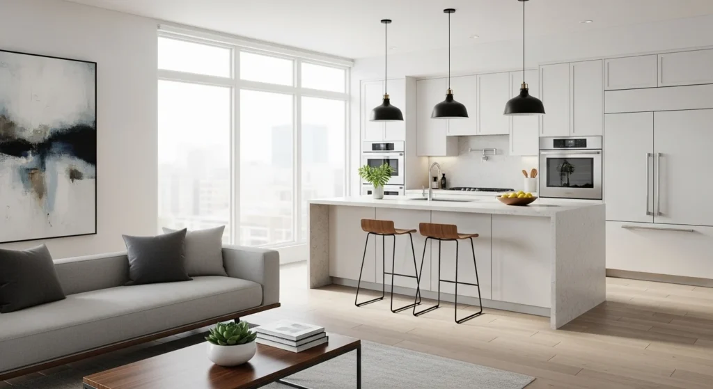 Open kitchen living room with low-profile sofa and furniture keeping sightlines open