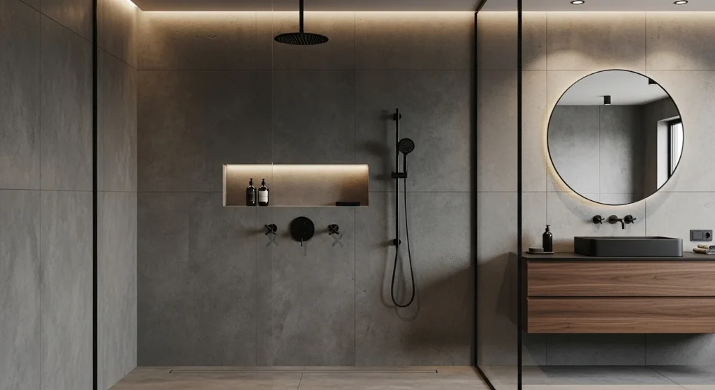 Shower with exposed pipes, concrete wall textures, and black metal fixtures
