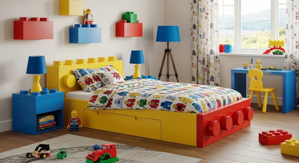 colorful lego themed kids room with creative play space