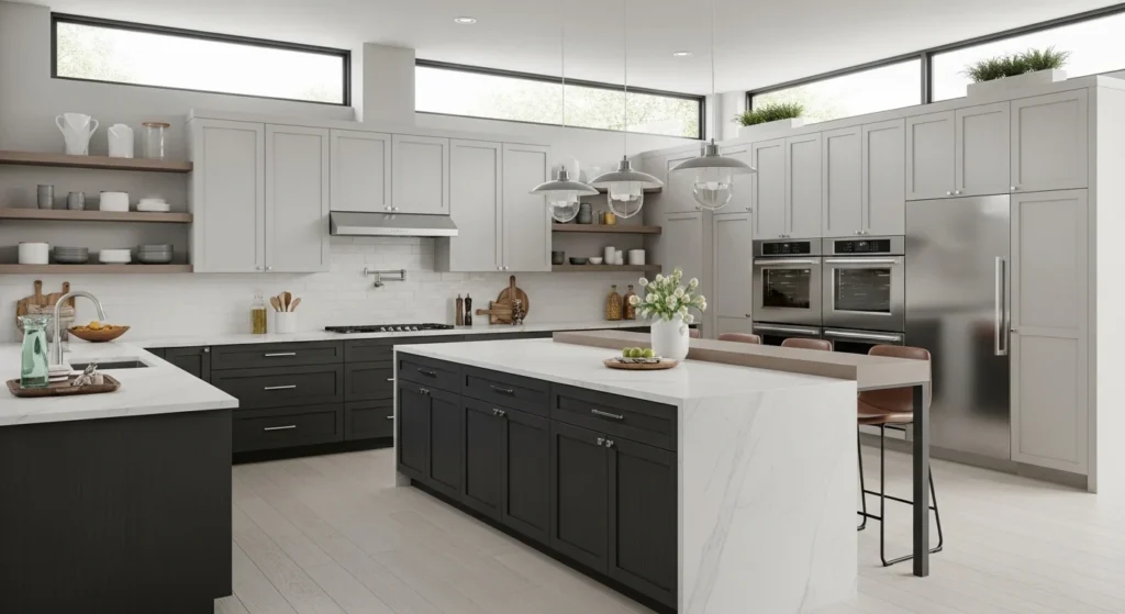 Stylish open kitchen featuring dual color cabinets creating visual contrast