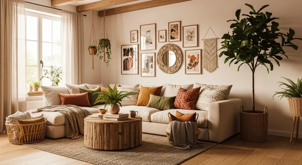 Cozy bohemian apartment featuring layered textiles and artistic decor