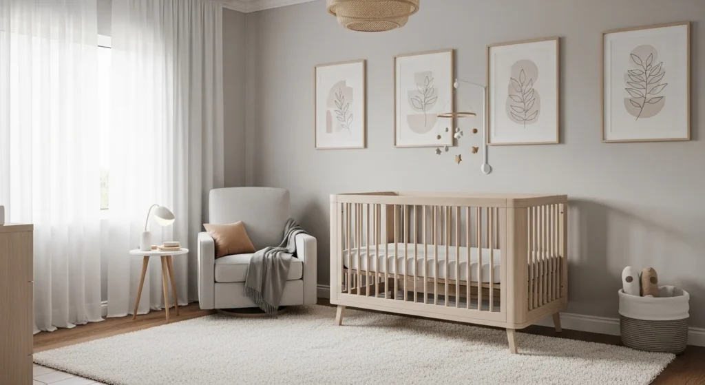 Gender-neutral nursery with neutral tones, modern crib, minimalist cozy 2026 baby room