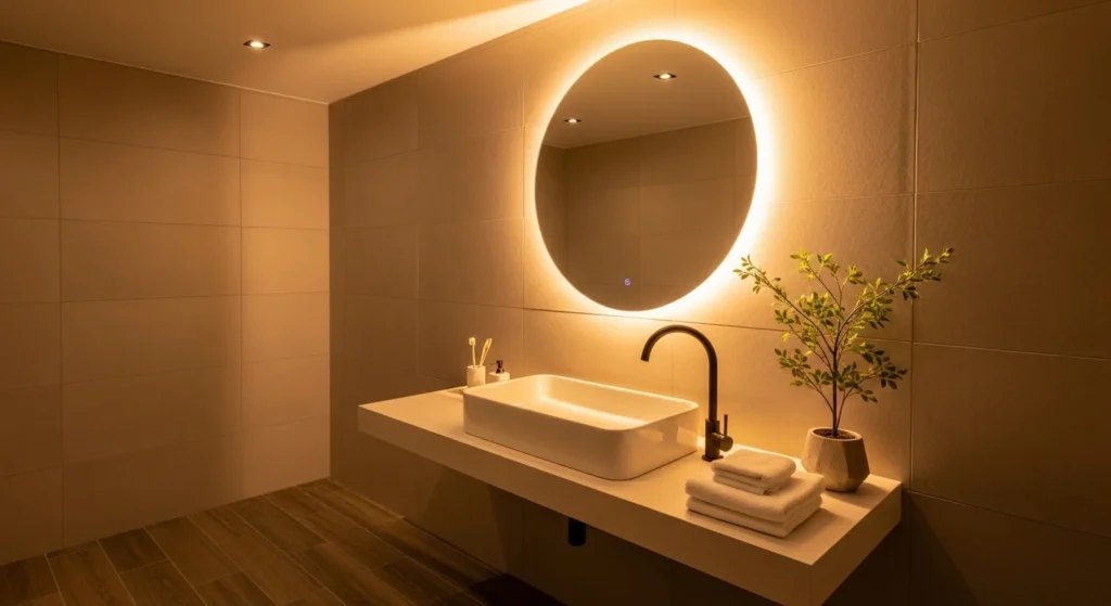 Bathroom sink enhanced with warm ambient lighting creating cozy spa mood