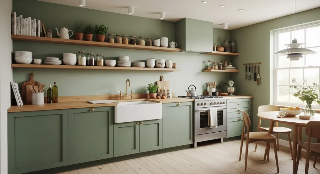 Green kitchen cabinets combined with wooden open shelving for warm modern look