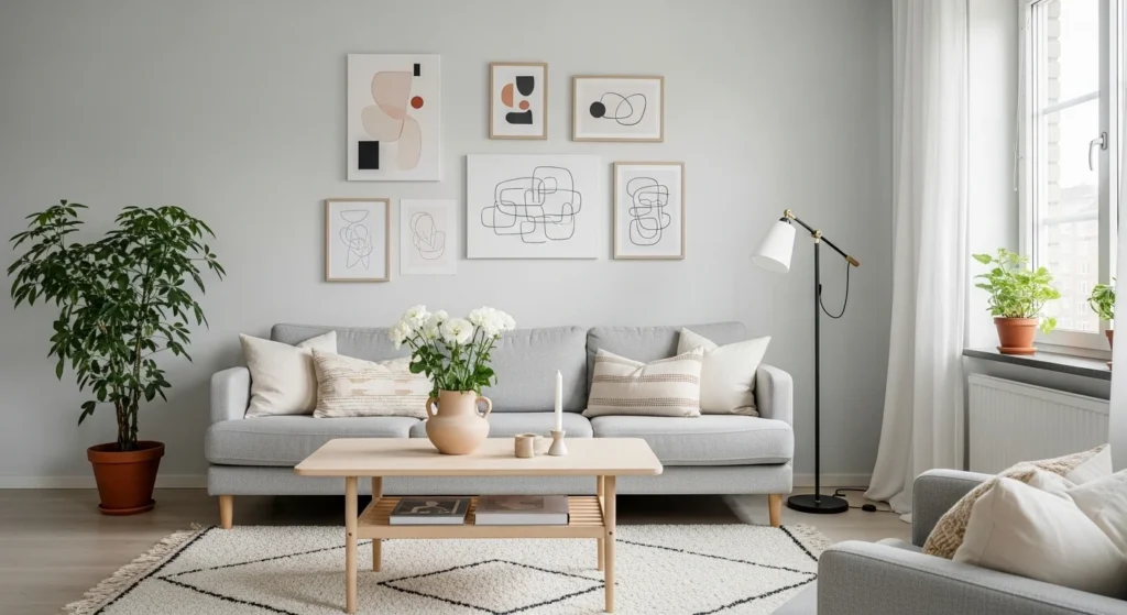 Minimal Scandinavian living room decorated with simple neutral artwork