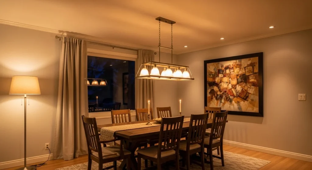 Casual family dining room with wooden table, comfortable chairs, and warm inviting lighting