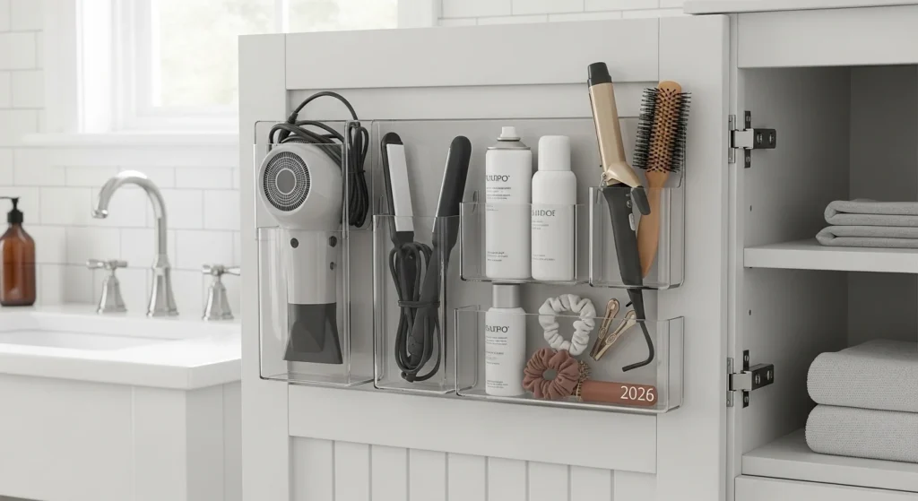 modern shower caddy neatly organizing shampoo and body wash bottles