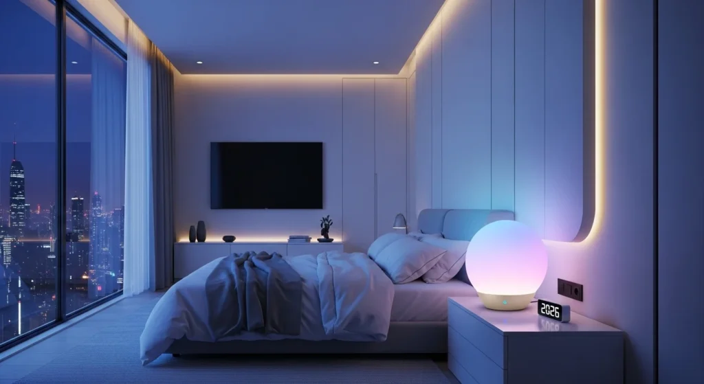 Rounded mushroom shaped lamp creating soft nostalgic bedroom lighting